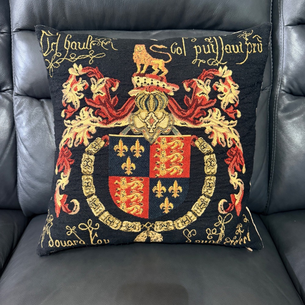 Craye Flemish Tapestries Coat of Arms Heraldic Woven Pillow Vintage 18" Square